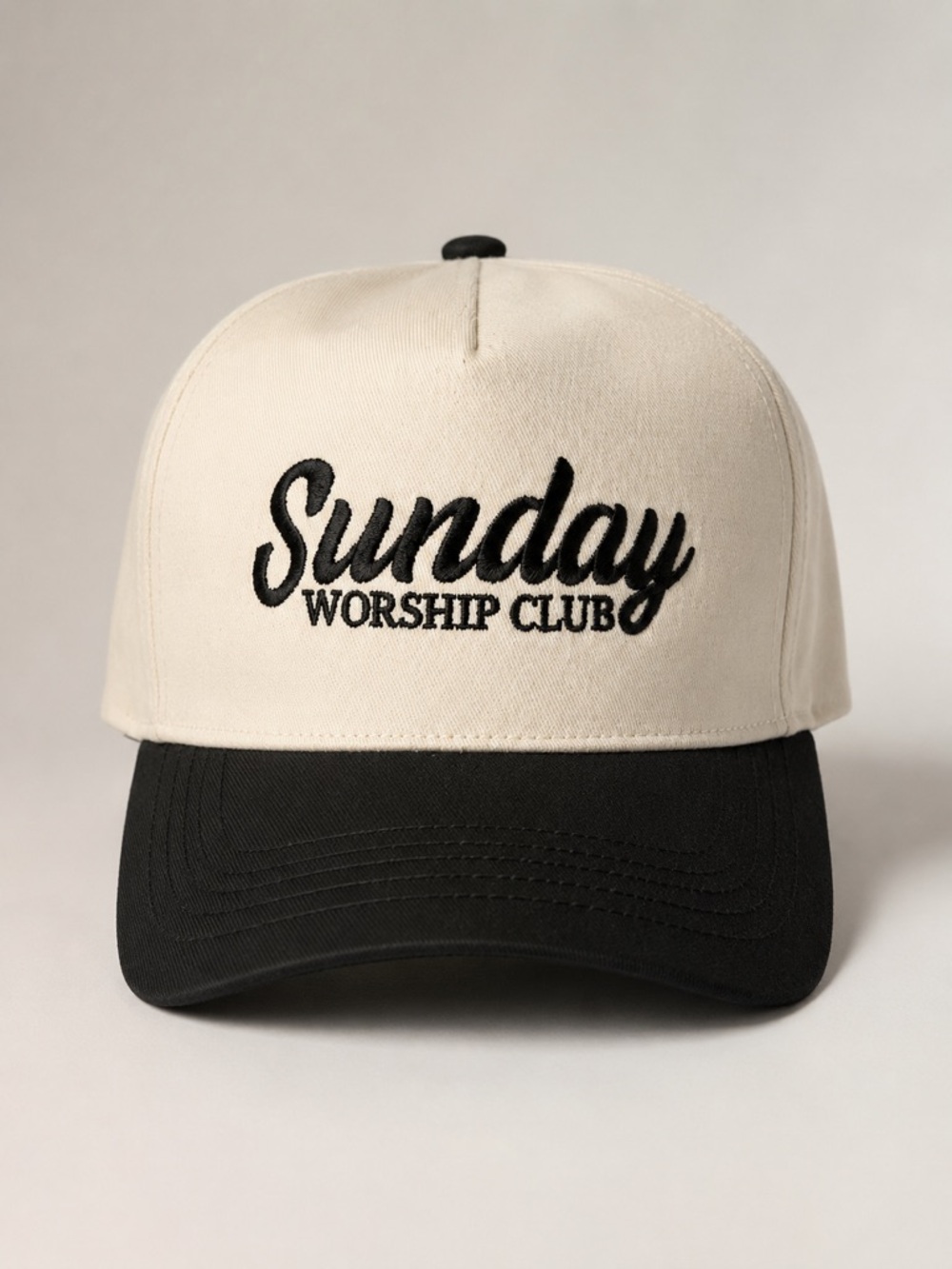 Sunday Worship Club Cream Black Embroidered Christian Hat NWT